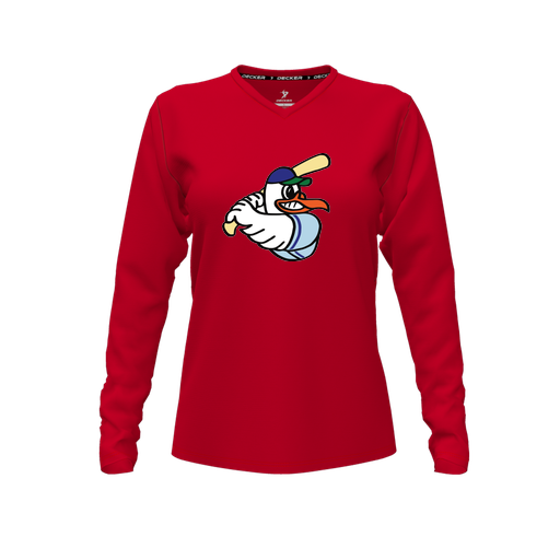 [CUS-DFW-TEES-CMF-VNK-LSL-RED-FYXS-LOGO1] Decker Comfort T-Shirt (Female Youth XS, Red, V Neck, Logo 1, Long Sleeve)